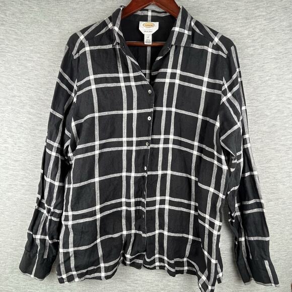 Talbots Women Irish Linen Button Up Shirt Size 18 Black Plaid Beachy Capsule - Picture 1 of 10